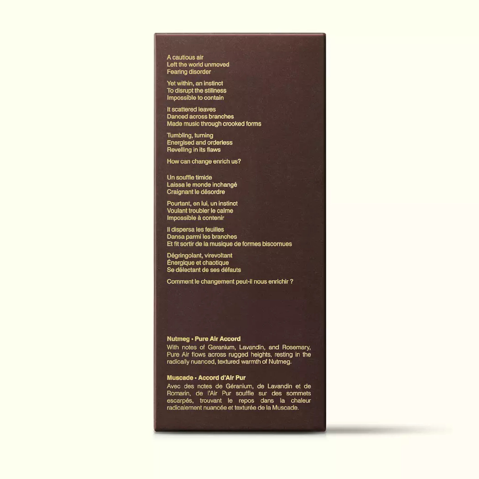 Brown Aesop Unforeseen Aer fragrance box shown side-on with printed text on a white background.