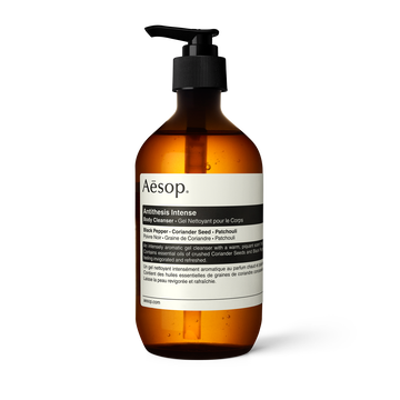 Aesop Antithesis Intense Body Cleanser pump bottle on a light background.