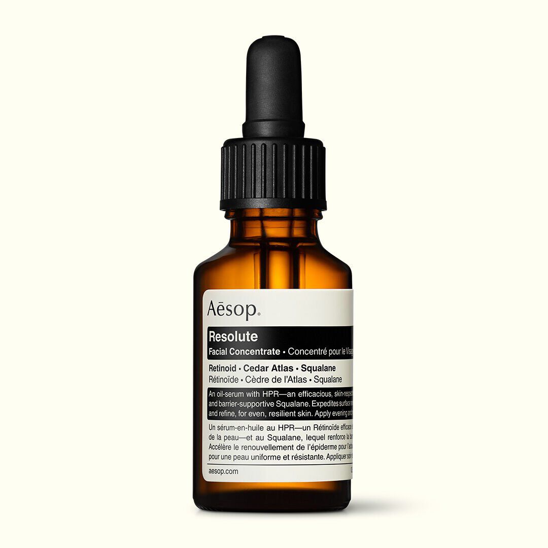 Resolute Facial Concentrate in an amber glass bottle