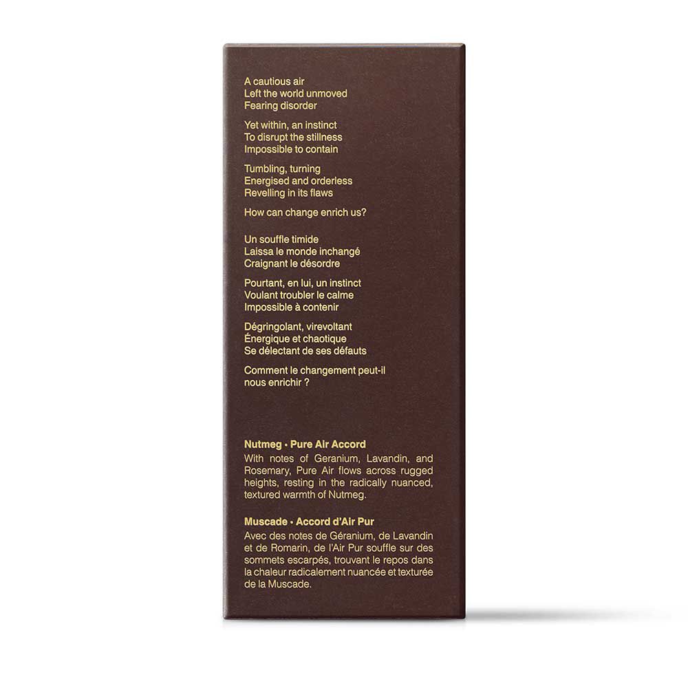 Brown Aesop Unforeseen Aer fragrance box shown side-on with printed text on a white background.